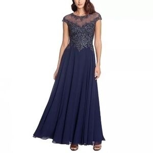 XSCAPE Embellished Embroidered Illusion-Top Gown In Navy/Gunmetal